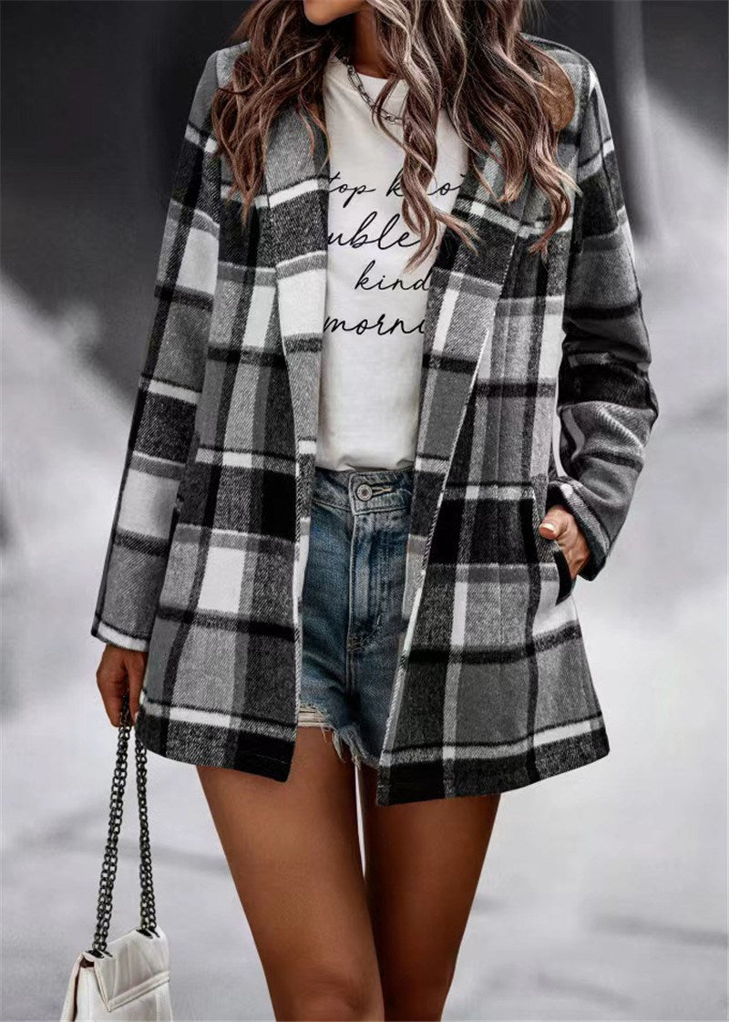 Autumn and winter 2022 women's loose check print long sleeve pocket woolen jacket cardigan top