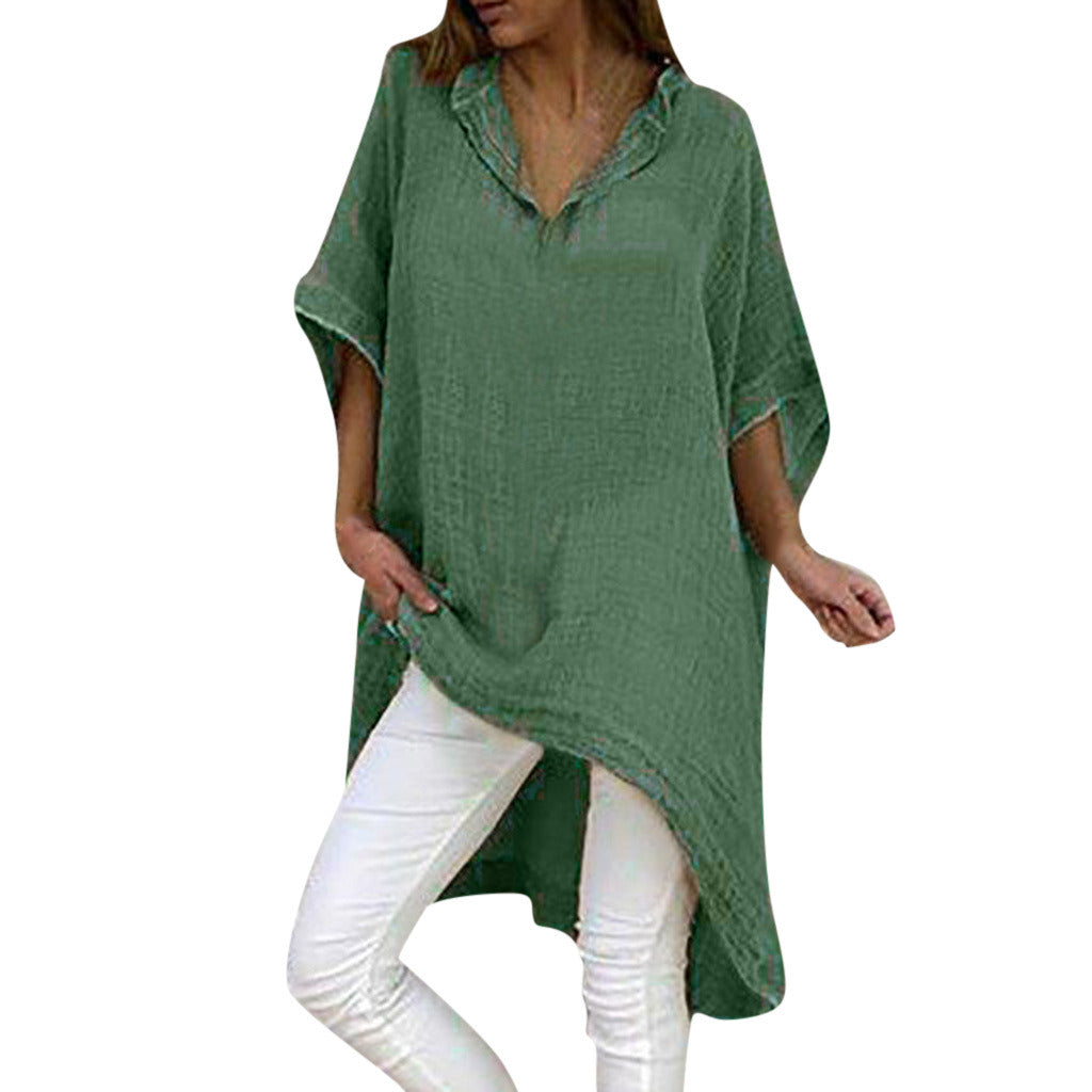 New Ladies Fashion Irregular Cotton and Linen V-neck Sleeve Dress