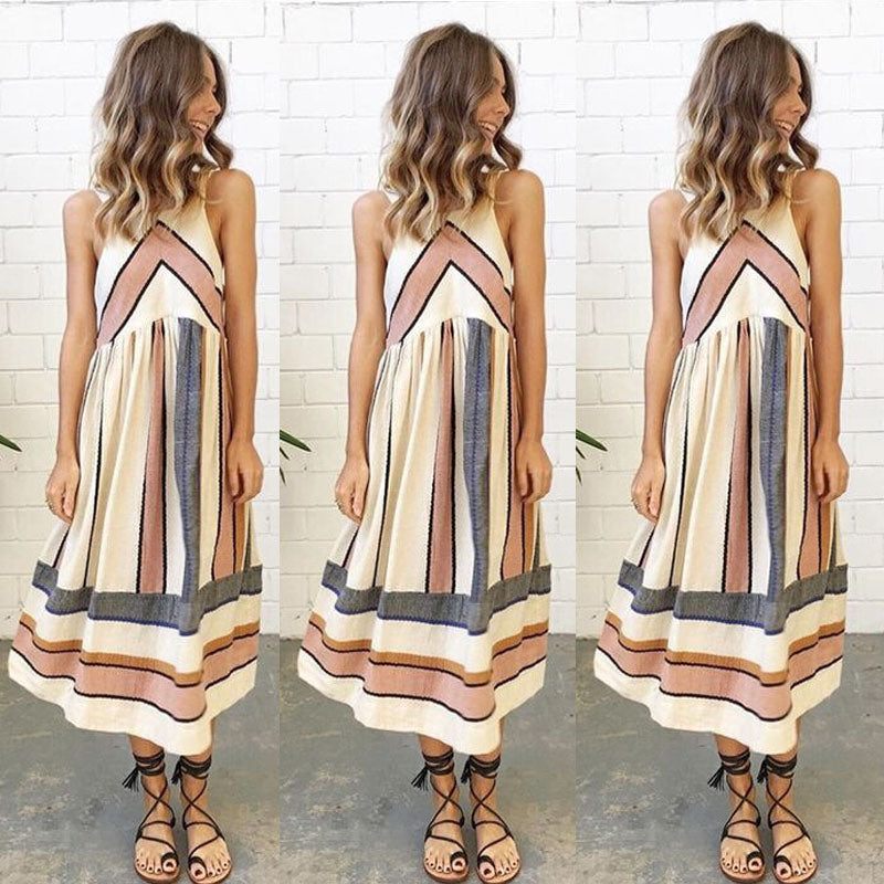 European and American summer women's new fashion print large strip dress