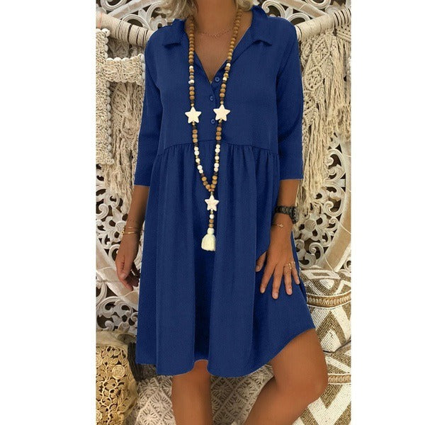 Best Selling Large Size Women's Seven-point Sleeve Deep V-neck Loose Casual Solid Color Dress