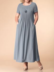 Plus Size Basic Dress; Women's Plus Plain Short Sleeve Pleated Round Neck Maxi Dress With Pockets