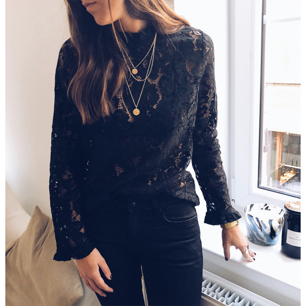 Women Sexy Lace See through Long Sleeve Tops Sheer Mesh Turtle Neck T Shirt Blouse New