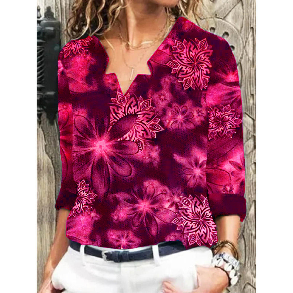 Autumn Women's V-neck Casual Fashion Printed Long Sleeve Blouse