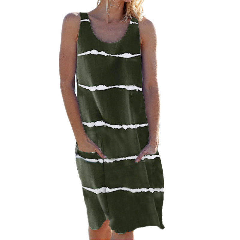 Summer Women's Crew Neck Printed Striped Pocket Vest Dress