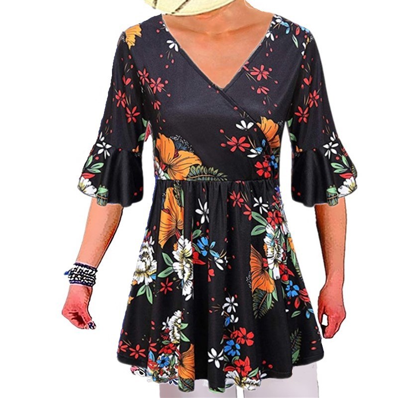 summer fashion women's print sleeves loose sexy V-neck large size shirt