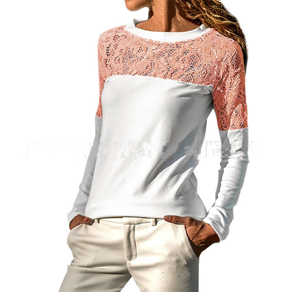 Spring and Summer New Long-sleeved Sweet Casual V-neck Openwork Lace Stitching Long-sleeved Loose Chiffon Shirt Top