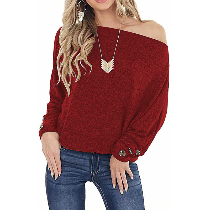 autumn and winter new women's tops solid color one-shoulder button long-sleeved t-shirt