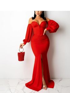 Women's Dresses Women's Sexy Off Shoulder Maxi Dress V Neck Lantern Long Sleeve Split Gown Cocktail Mermaid Formal Dresses