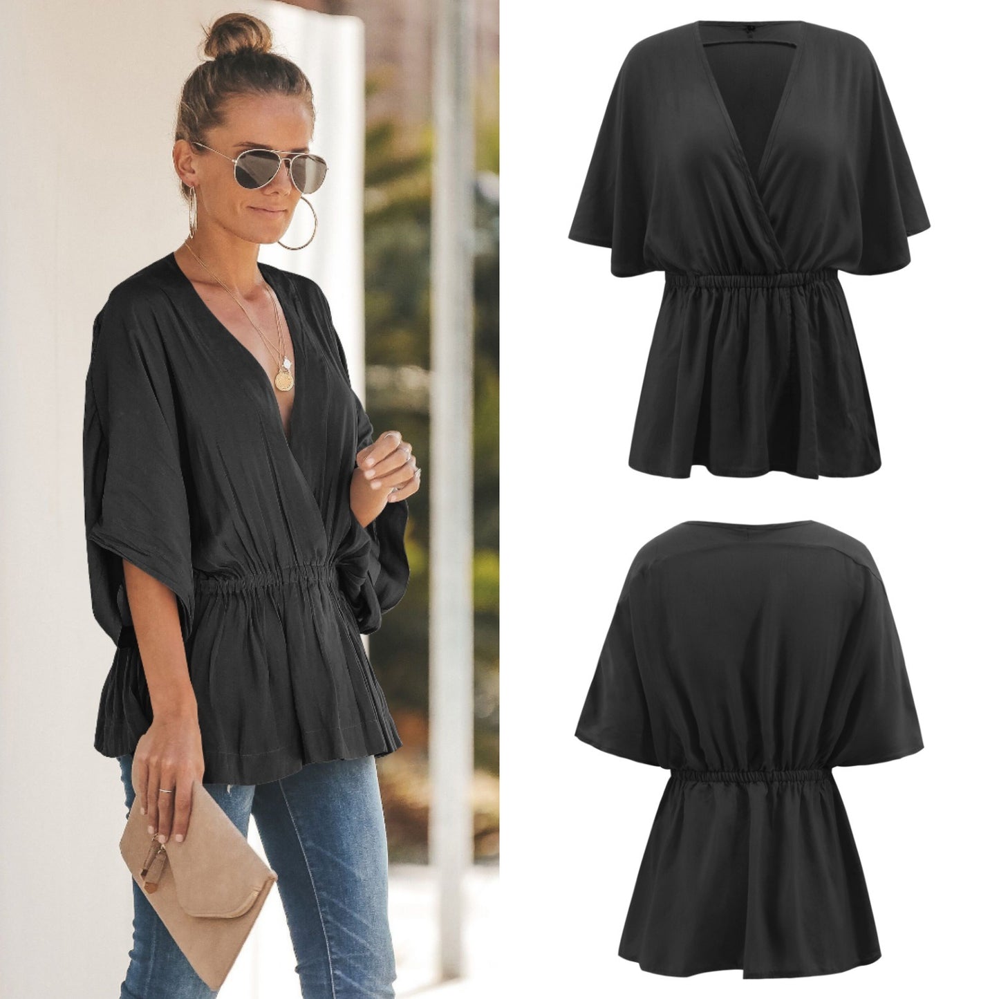 Spring New Loose Bat Sleeve V-neck Shirt Top