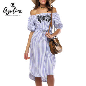 Embroidered Vertical Striped Dress with Five-point Sleeves and A Long Collar with A Belt