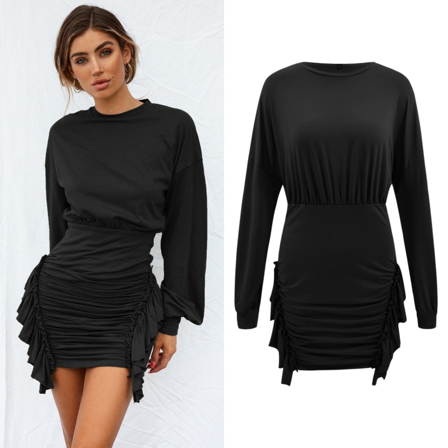 Spring and Summer New Women's Round Neck Long Sleeve Pleated Irregular Dress