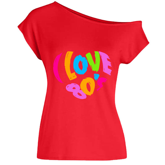 2022 summer I love 80's letter love print diagonal collar off shoulder sexy irregular T-shirt