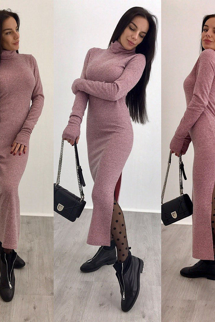 Sexy Ladies Fashion Knitting Long Dress High Collar Sheath Bodycon Fall Winter Slit Dresses