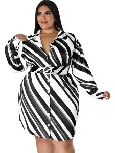 Plus Size Strip Print Lapel Collar Belted Mini Dress; Women's Plus Elegant Shirt Dress