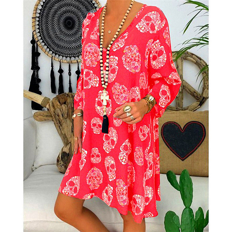 Large size women's loose fashion retro print deep V-neck dress