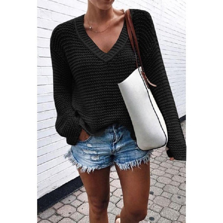 Women V-neck Sweater Knitting Warm Long Sleeve Loose Casual Sexy Top