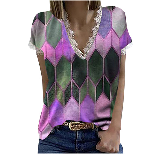 Summer new women's diamond lattice print V-neck lace splicing short-sleeved T-shirt