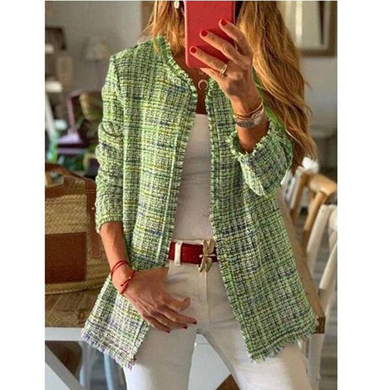 New Women's Autumn and Winter Rainbow Tweed Small Wind Fragrant Mid-length Woolen Plaid Sweater Jacket