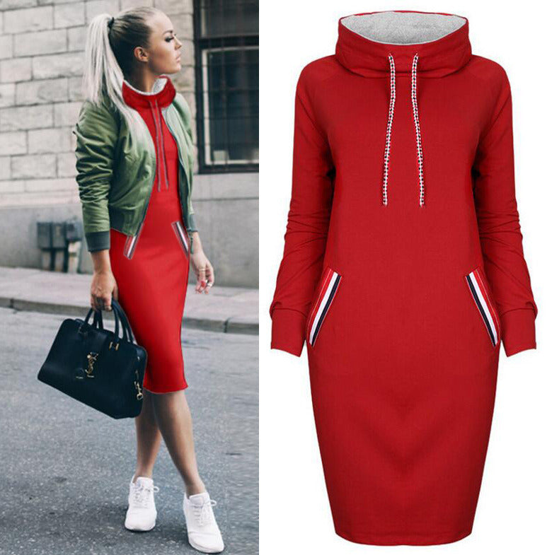 Women's Fashion Autumn Solid Color Loose Casual Long Sleeve Pocket High Collar Hoodie Dress