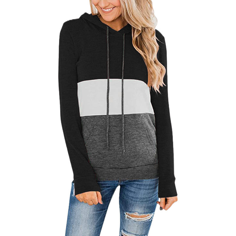 autumn and winter new women's sweater casual sports pure color stitching plus velvet hooded hoodie