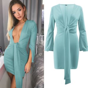 New women's dress sexy v-neck long sleeve Irregular dress