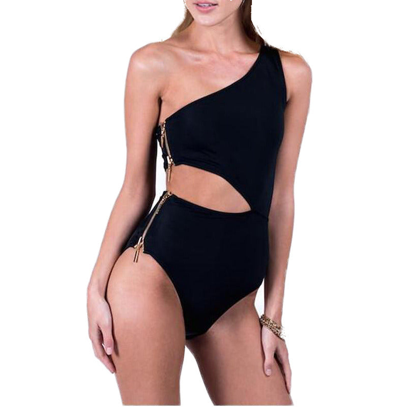 Hot Bikini Sexy Zipper Design One-shoulder One-piece Swimsuit