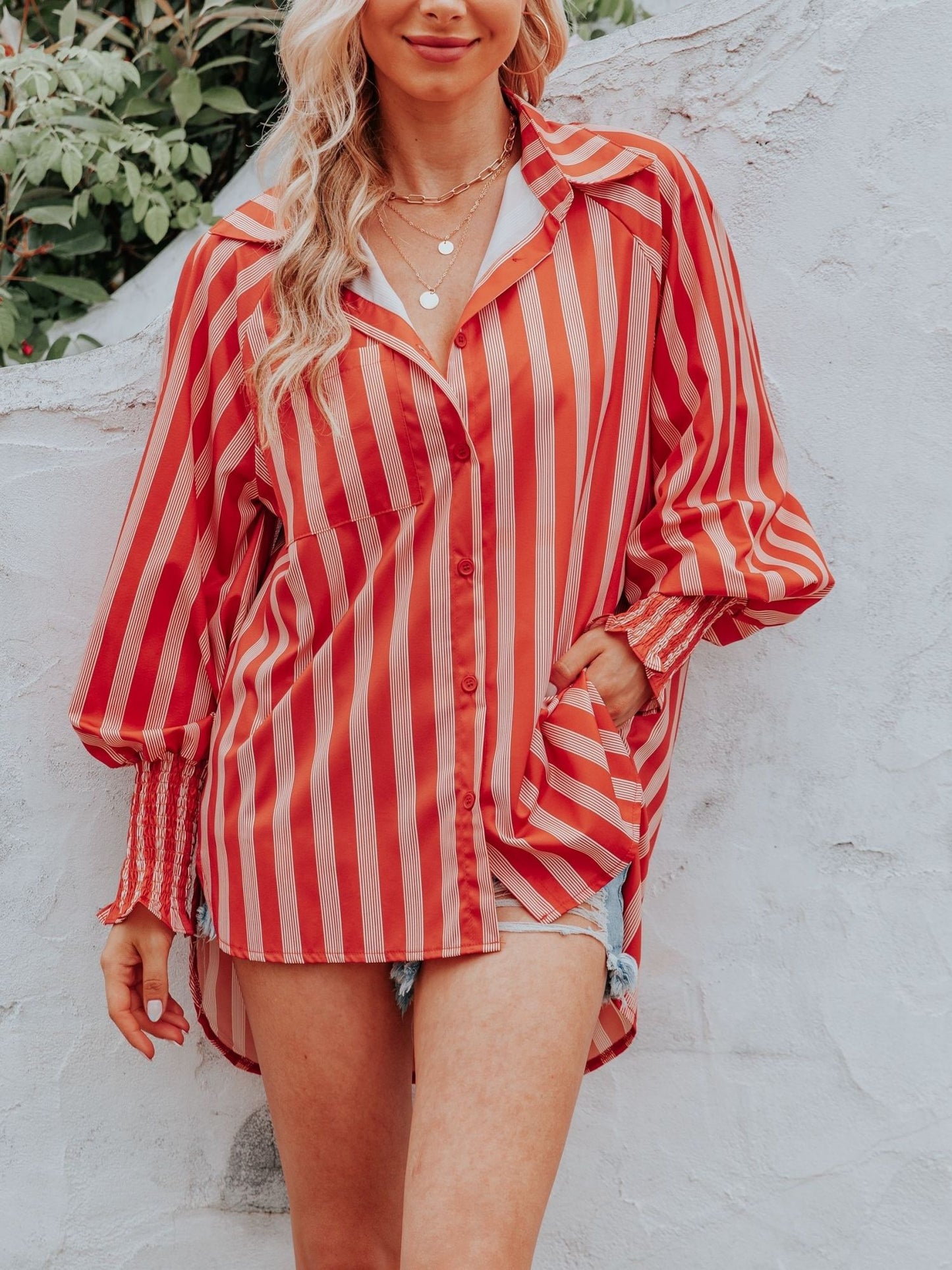 Lantern Sleeve Striped Cross Shirts; Casual Every Day Blouses Tops