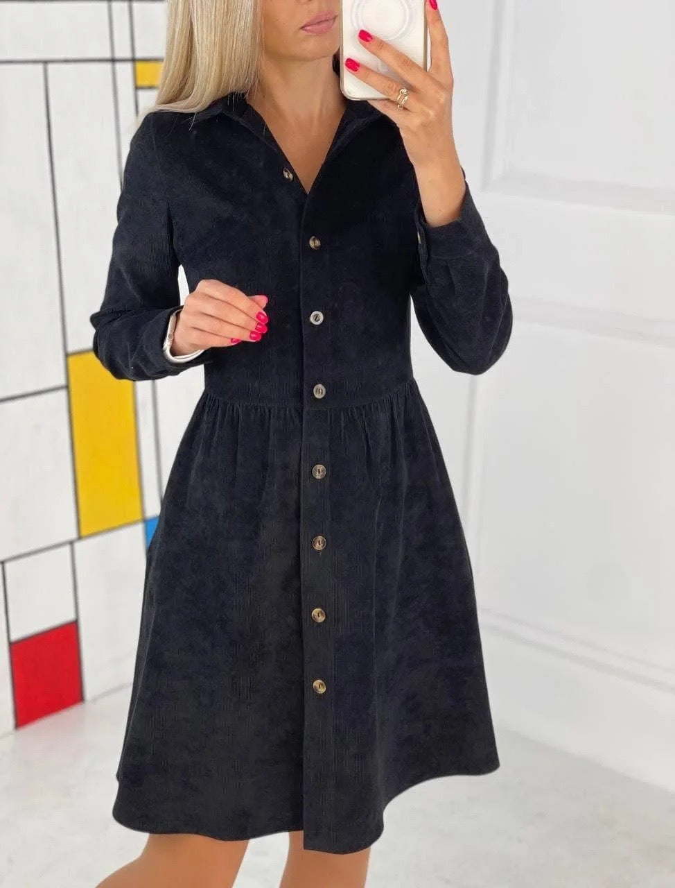 Fall/winter Long-sleeved Single-breasted Shirt Corduroy Dress Long Skirt