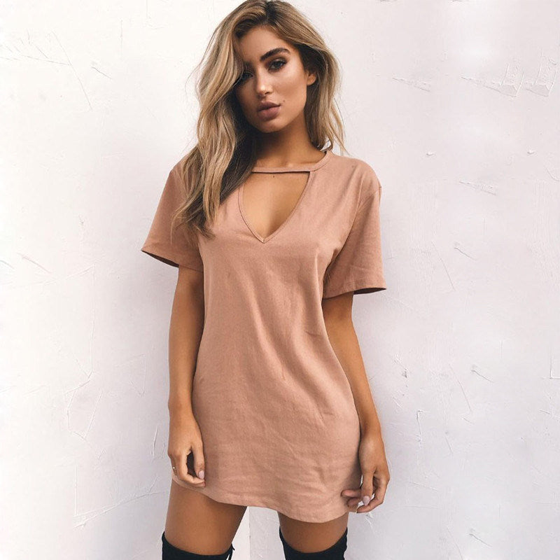 European and American fashion women's sexy deep V-neck short-sleeved loose casual dress