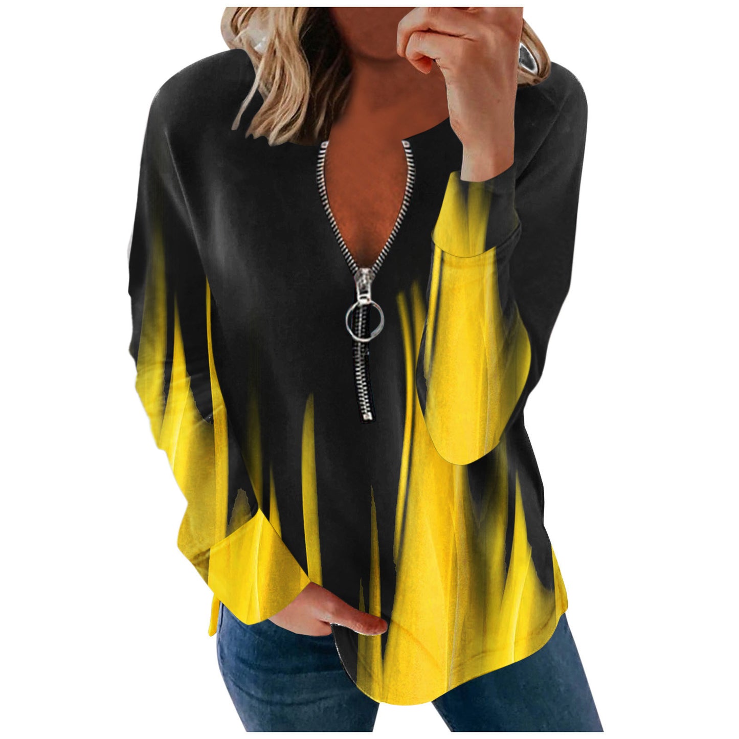 autumn and winter new style V-neck zipper feather printing long-sleeved loose T-shirt women