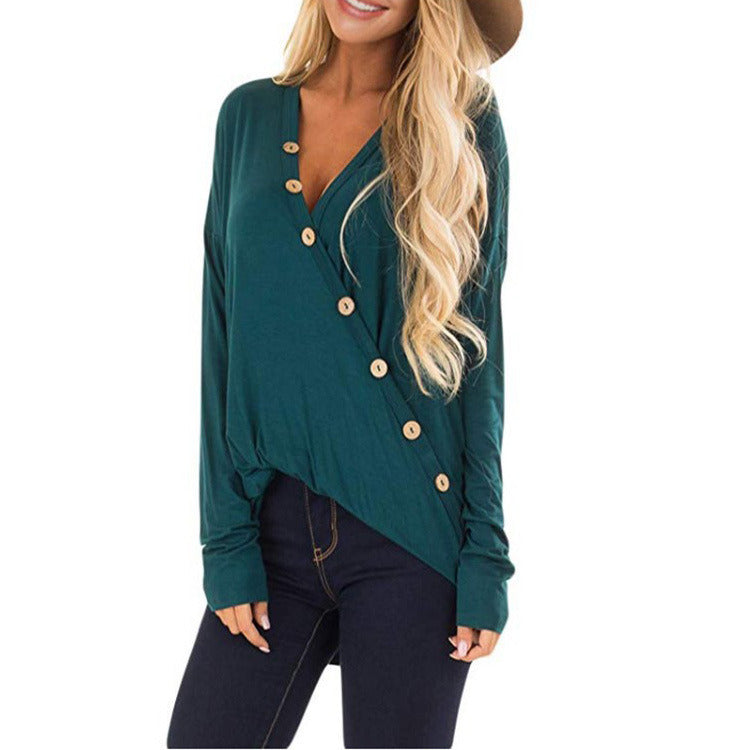 spring and autumn new women's V-neck stitching button long-sleeved T-shirt