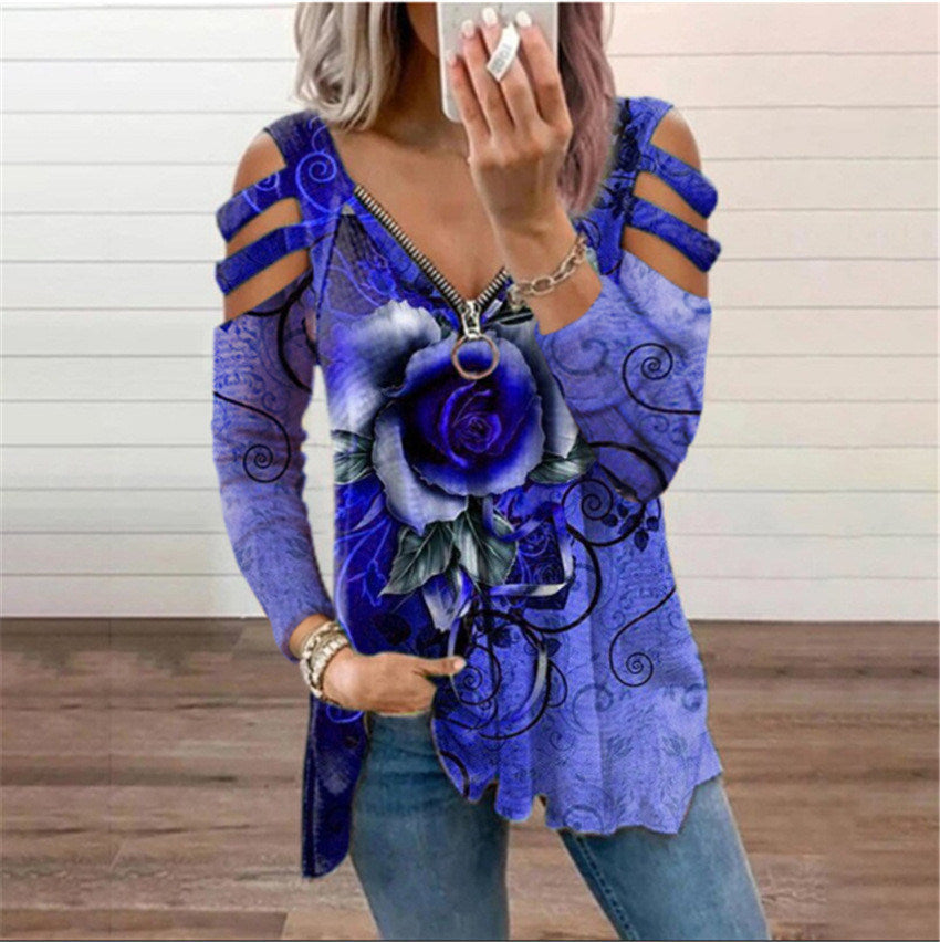 Women's New Style V-neck Zipper Rose Flower Print Casual T-shirt Top