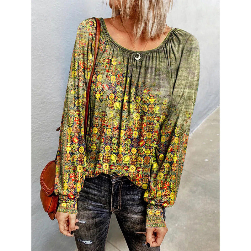 autumn and winter new women's tops floral long-sleeved round neck T-shirt bottoming shirt