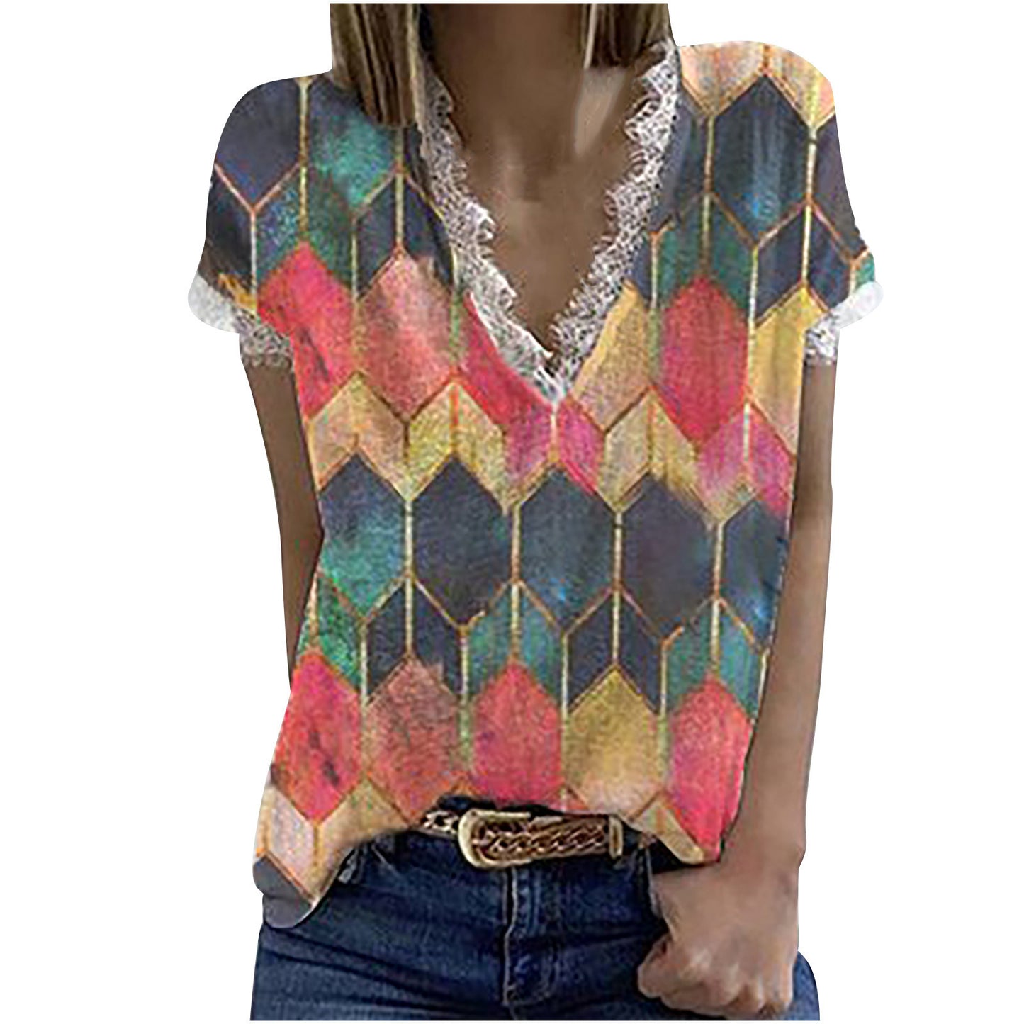 Summer new women's diamond lattice print V-neck lace splicing short-sleeved T-shirt