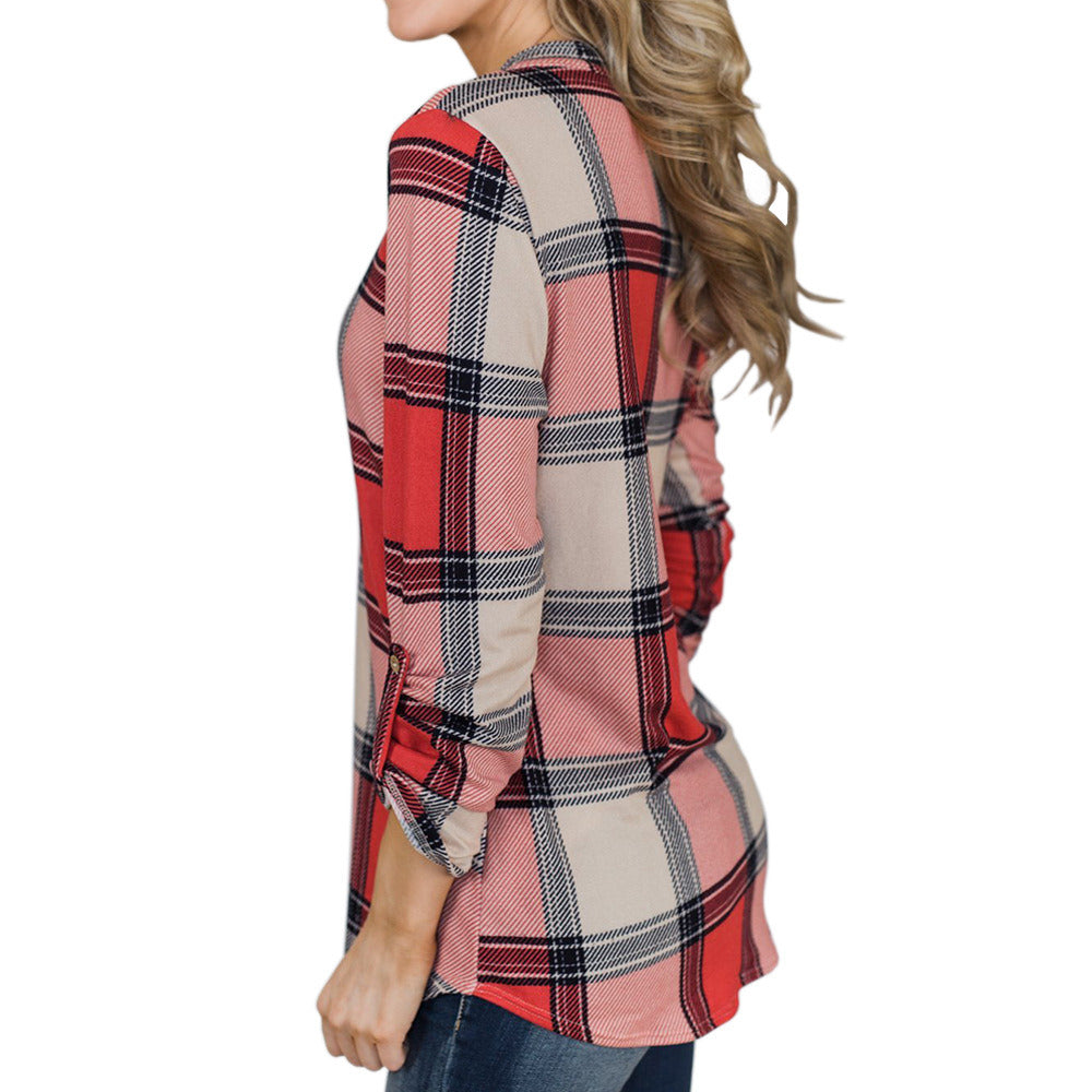 Womens Fashion V-Neck Blouses Long Sleeve Striped Plaid Print Casual Loose T-shirt Tops