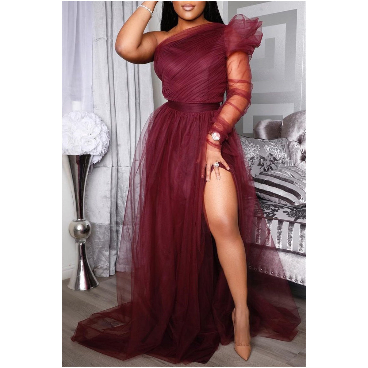 Spring Summer Large Size XL-5XL Mesh Evening Dress Women Loose Swing Skirt One Shoulder Sleeves Slit Hem Trailing Floor Length