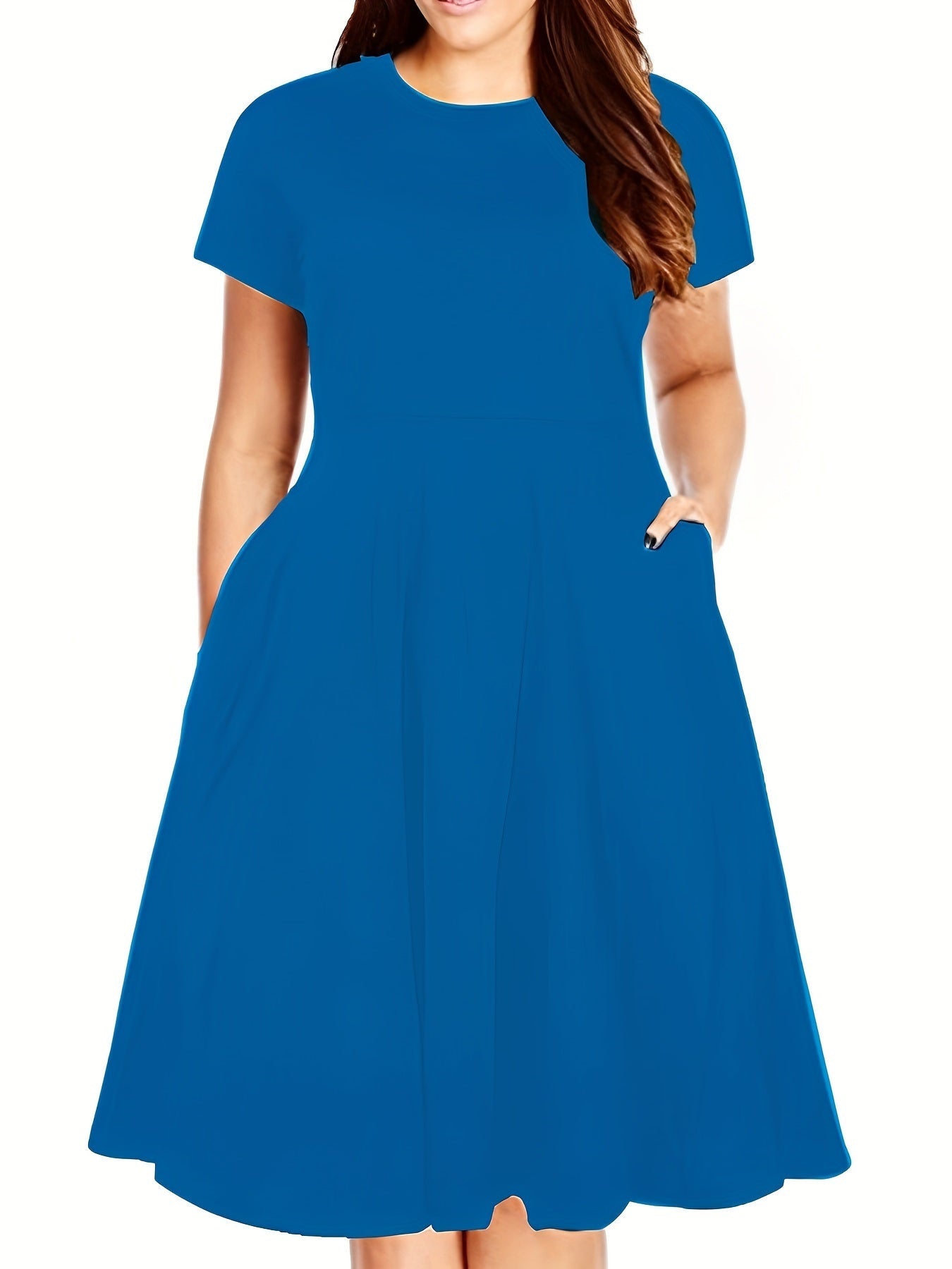 Plus Size Solid Short Sleeve Midi Dress With Pocket; Women's Plus Medium Stretch Fashion Midi Dress