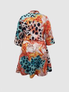 Plus Size Random Print V Neck Turn Down Collar Shirt Dress; Women's Plus Slight Stretch Casual Shirt Dress