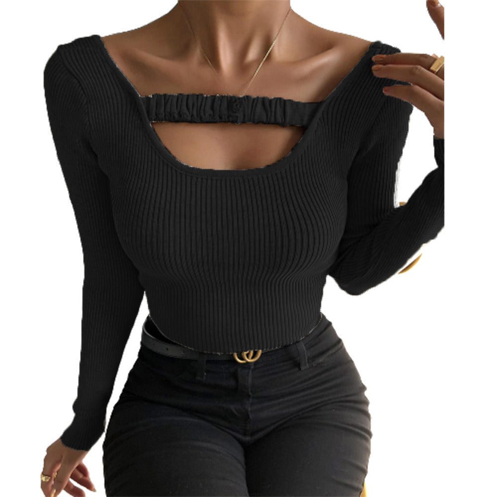 new autumn and winter women's tops solid color sexy round neck slim long-sleeved t-shirt tops