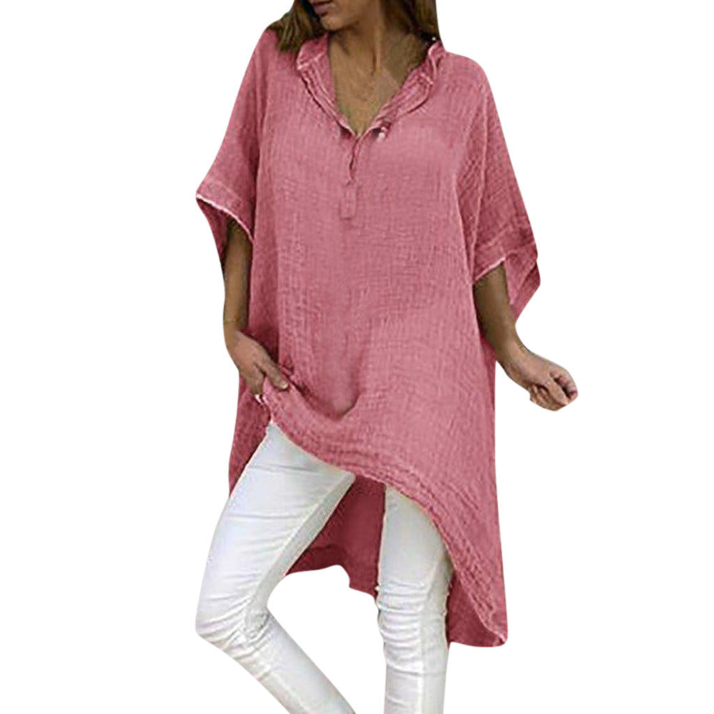 New Ladies Fashion Irregular Cotton and Linen V-neck Sleeve Dress