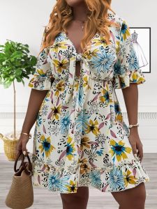 Plus Size Sexy Dress; Women's Plus Floral Print Lettuce Trim Bow Knot Front Half Sleeve Dress