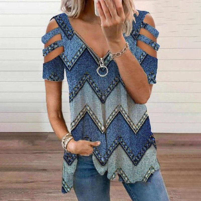 Women's New T-shirt V-neck Zipper Pullover Print Short Sleeve Loose T-shirt Top