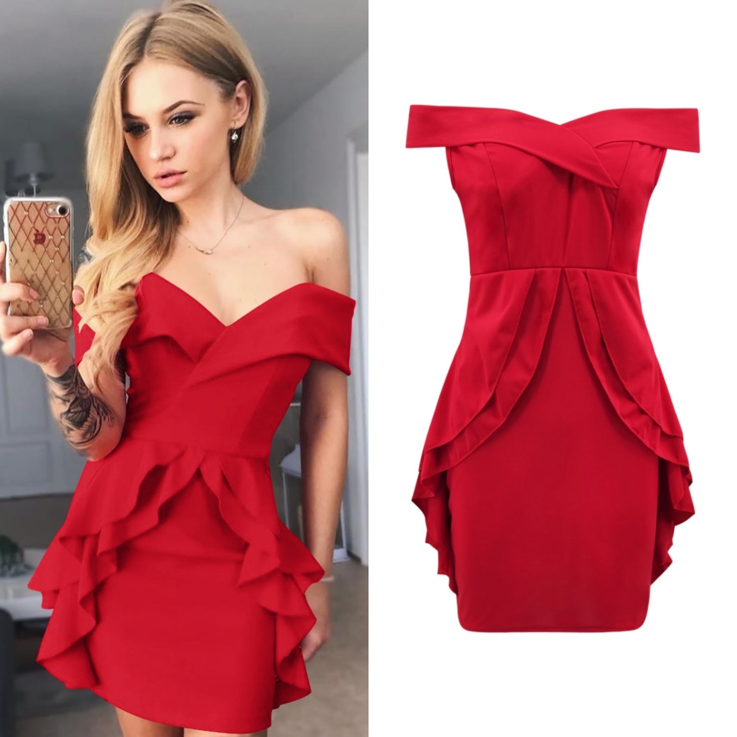 Spring New Women's One-shoulder Ruffled Bag Hip Skirt Dress