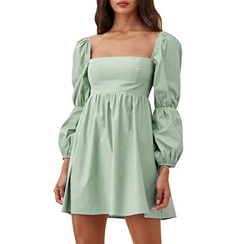 Womens Square Neck Dress Long Puff Sleeve A-Line Casual Short Mini Dress