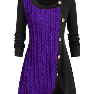 Plus Size Solid Jacquard Button Up Long Sleeve Dress; Women's Plus Medium Stretch Casual Dress