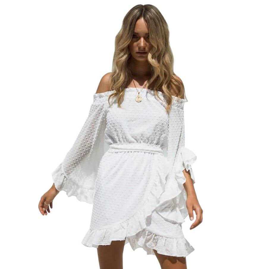 New Word Shoulder Trumpet Sleeves Ruffled Sweet White Dot Cut Flower Chiffon Dress Beach Skirt