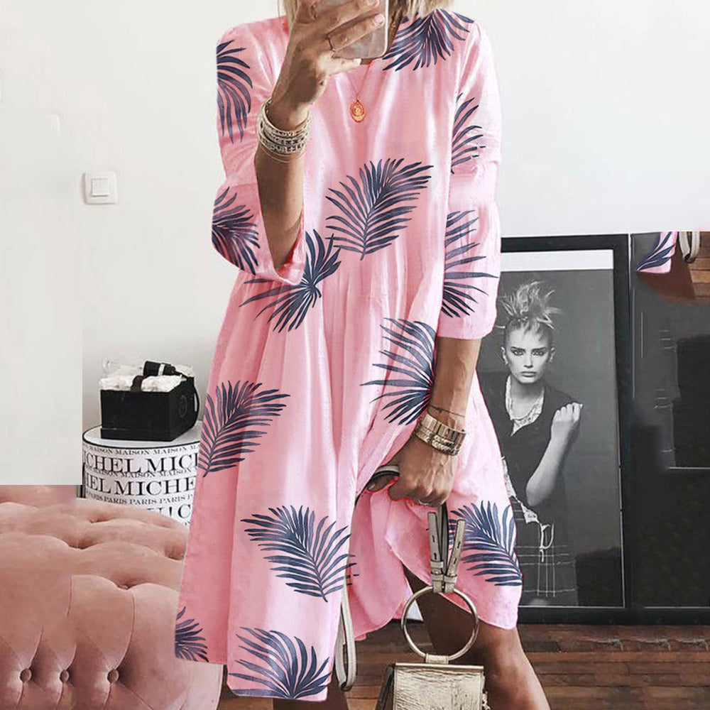 Autumn new dress women's round neck loose leaf print large dress