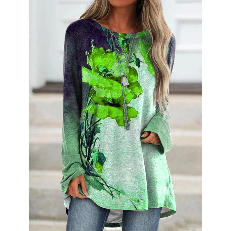 autumn and winter new women's tops fashion printing mid-length long-sleeved t-shirt