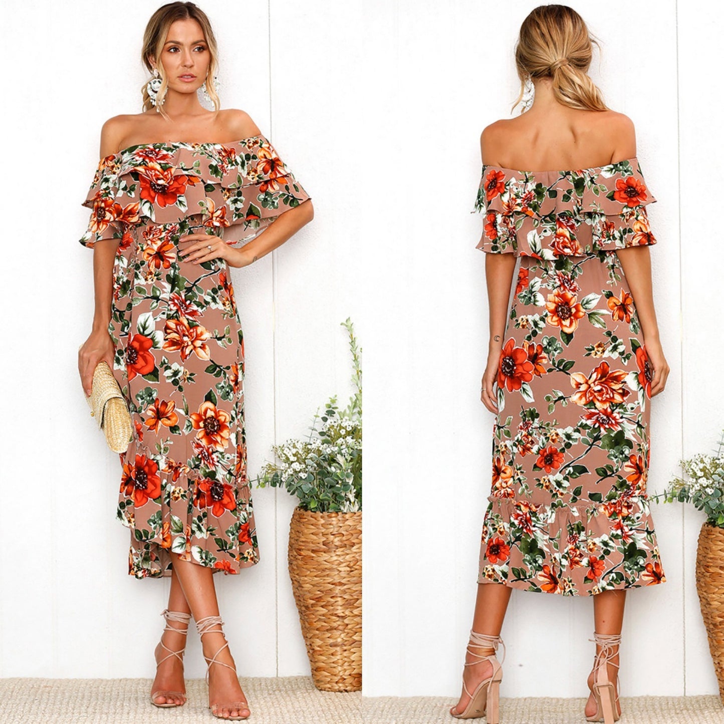 Spring and Summer New Hot Ruffled One-shoulder Long Skirt Women's Printed Dress