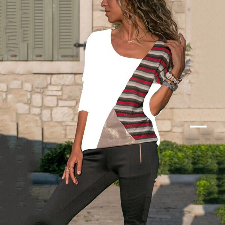 European and American women's stitching contrast color striped round neck long sleeve casual T-shirt